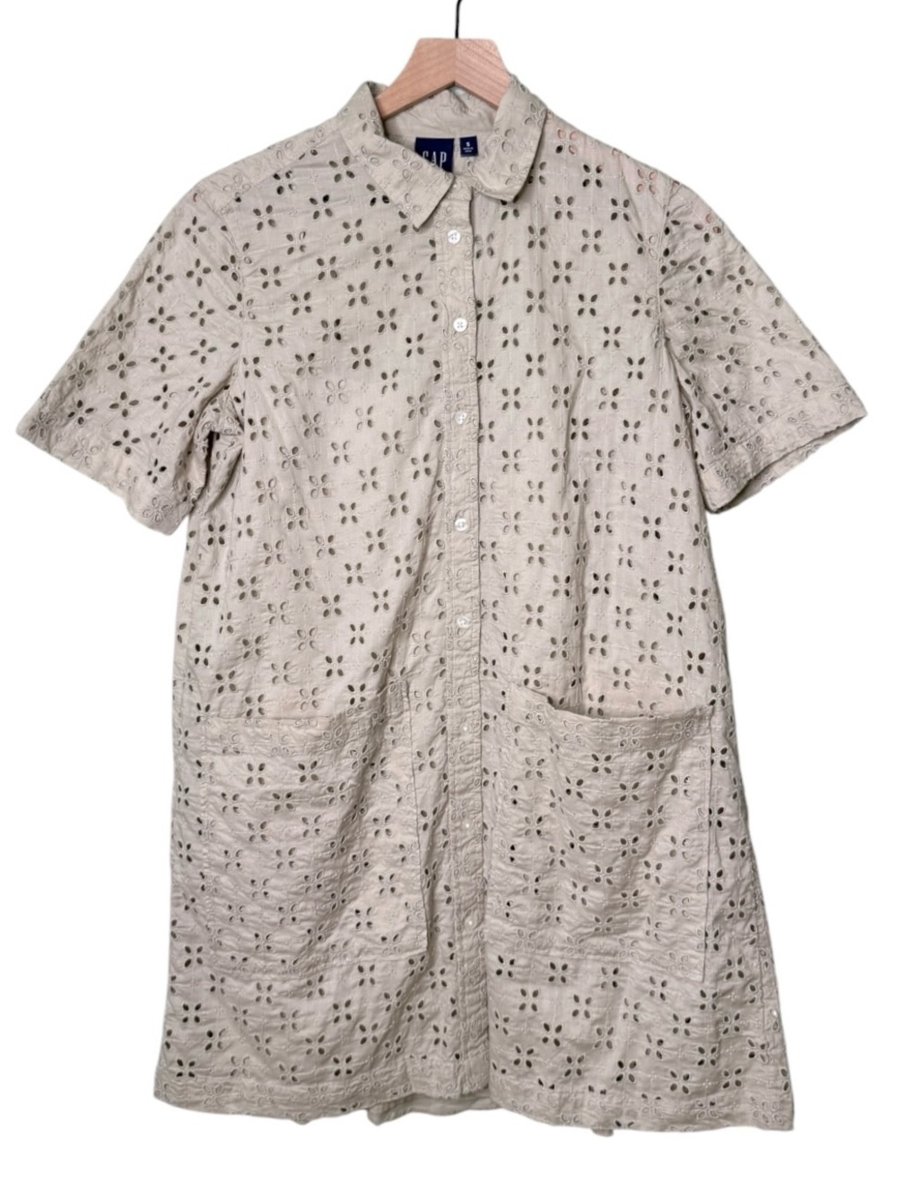NWT Gap Floral Eyelet Embroidered Button Front Shirt Dress Mint Green Grey Small